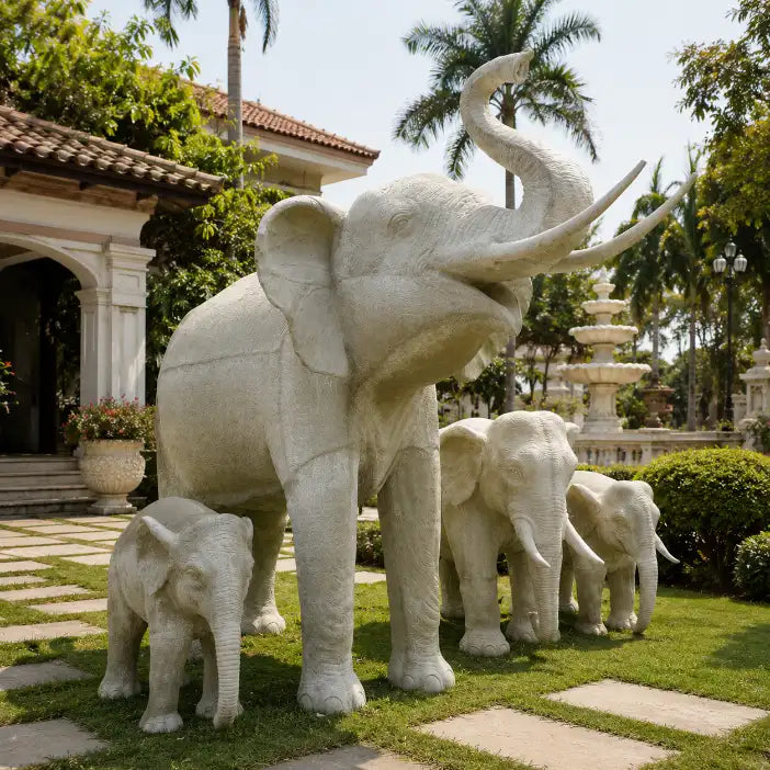 Handcrafted fiber elephant family statue set for outdoor garden decor