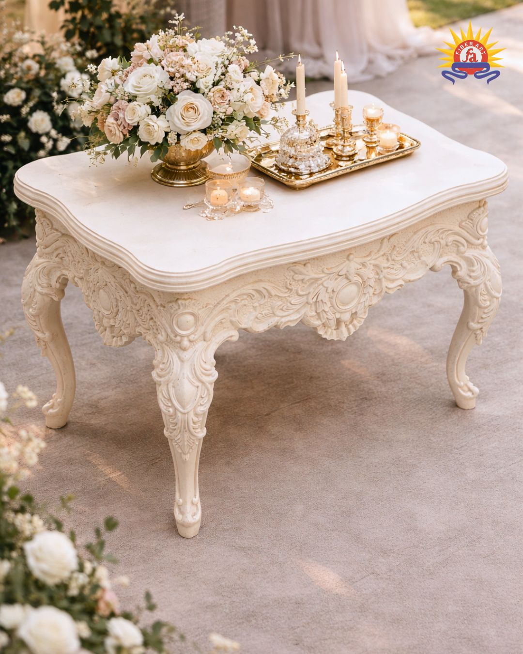 Carved white side table with floral decor