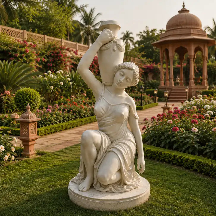Kneeling lady statue with water pot in a garden