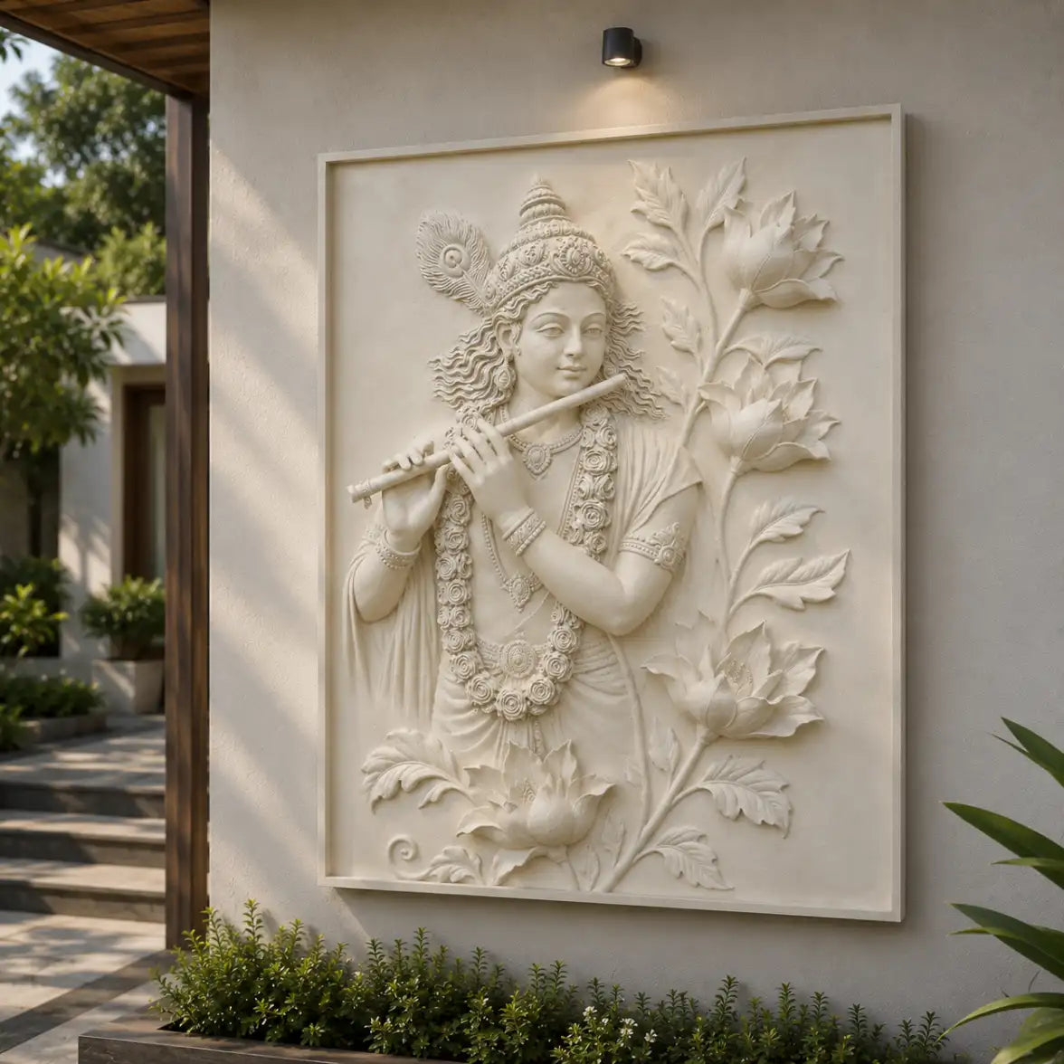 Lord Krishna relief wall panel with flute, carved in fiber
