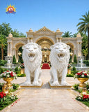 White FRP lion statues at a wedding entrance with red carpet