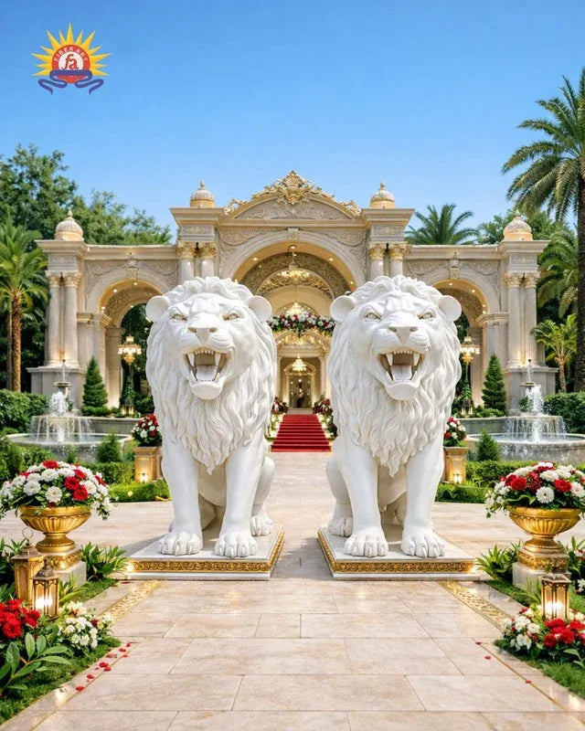 White FRP lion statues at a wedding entrance with red carpet