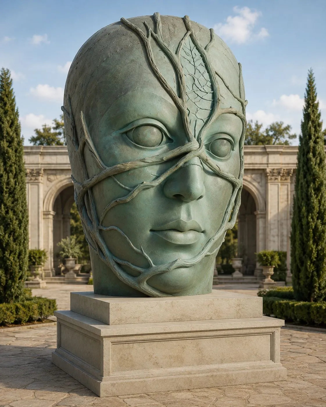 Modern abstract face sculpture with organic vine design