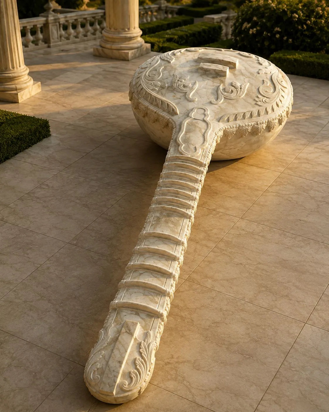 Handcrafted white marble veena sculpture, luxury decorative art piece