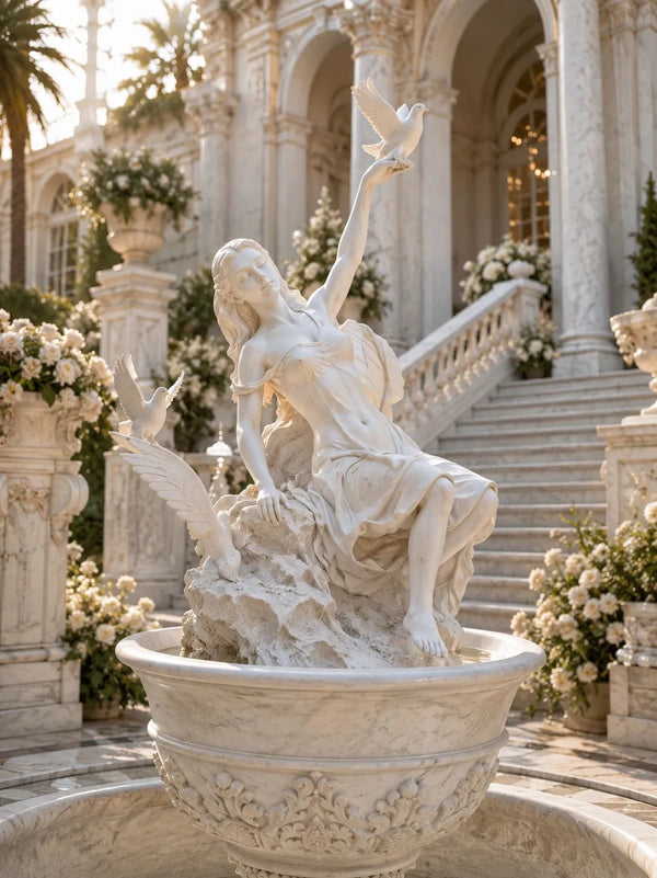 Handcrafted white marble lady with doves fountain sculpture for gardens