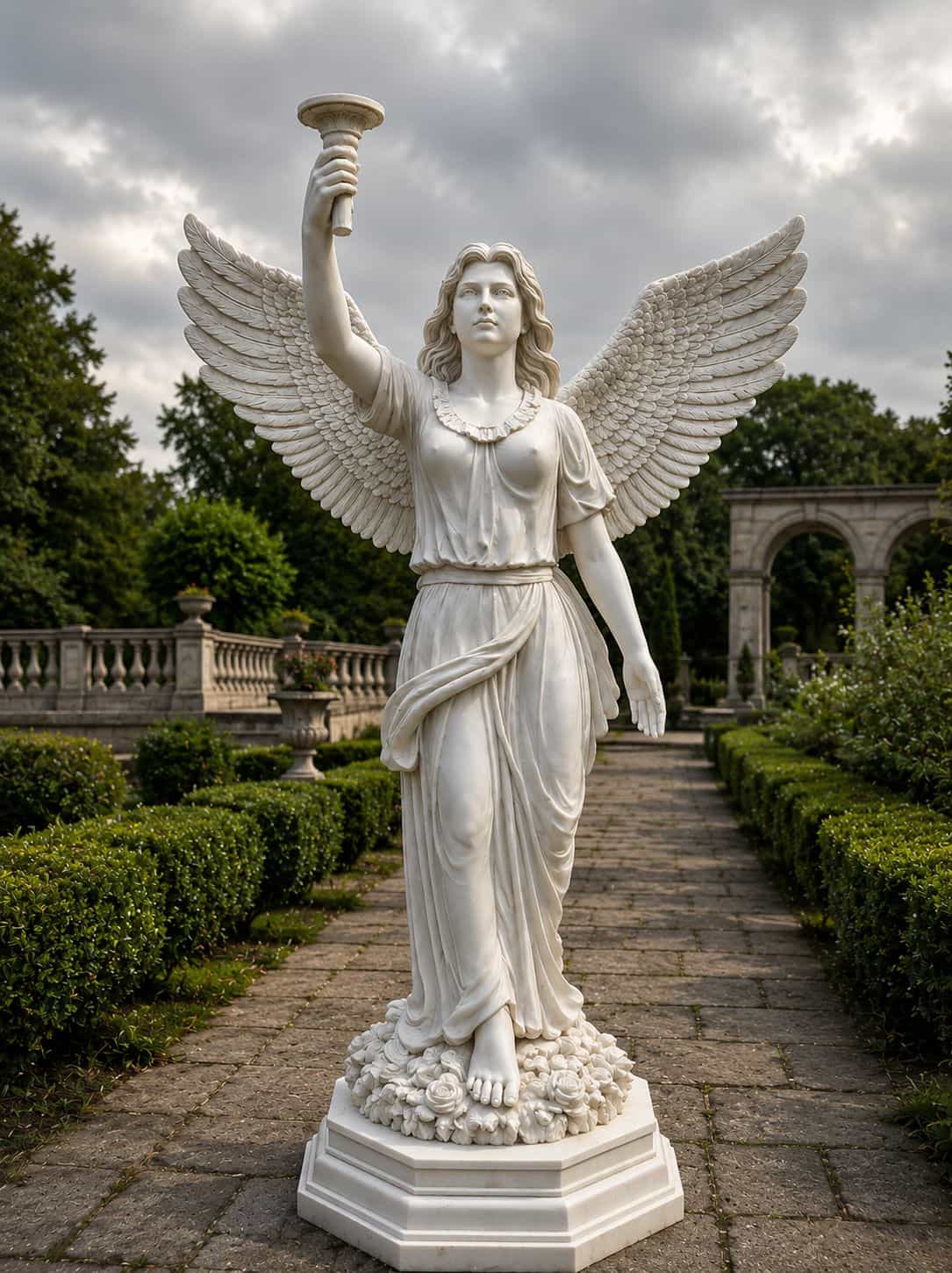Winged angel statue holding a torch in a garden