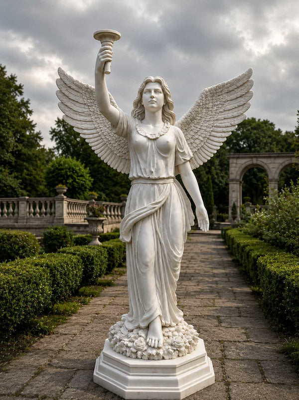 Winged angel statue holding a torch in a garden