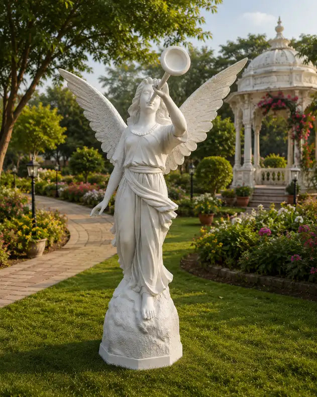Handcrafted angel garden sculpture statue with detailed wings