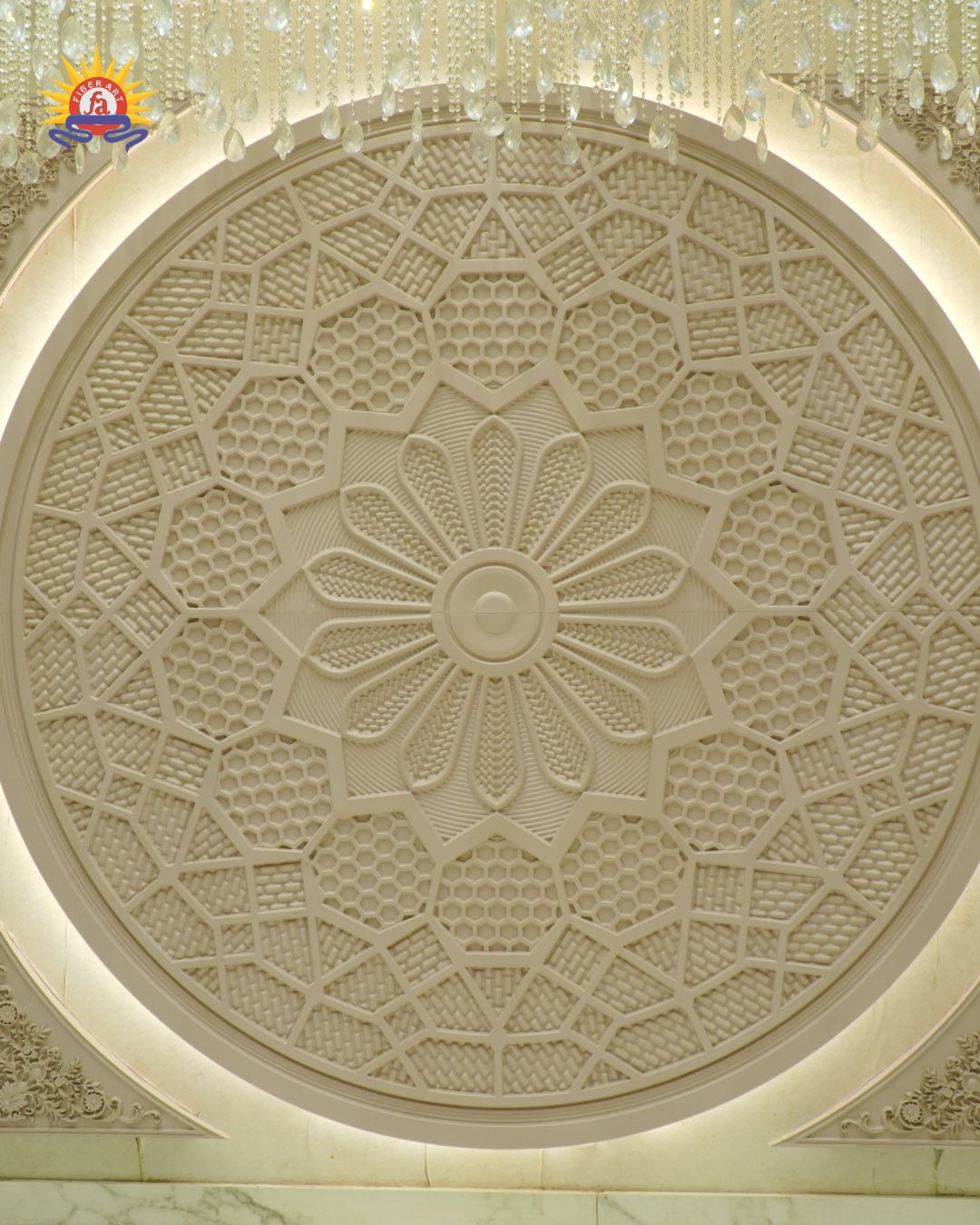 Circular carved ceiling medallion with geometric pattern