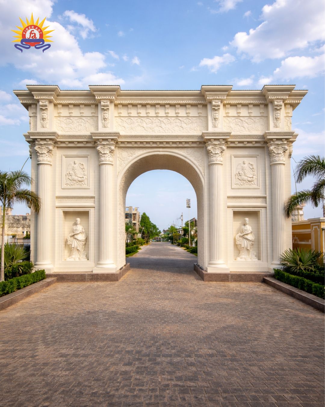 Classical white entry arch gate with statues