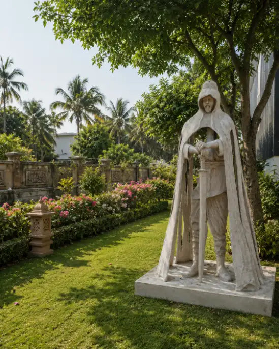 Hooded cloaked figure statue in a garden