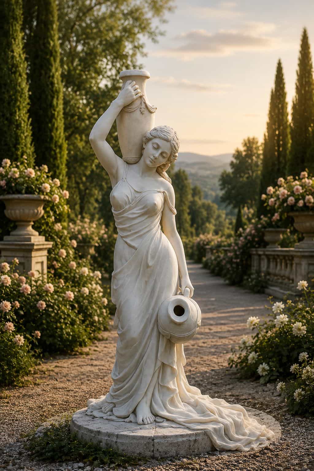 Elegant marble-finish woman holding vase garden sculpture