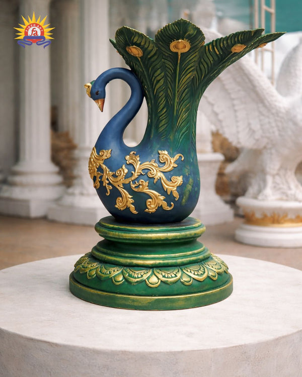 Blue and gold peacock-style swan vase on a round base