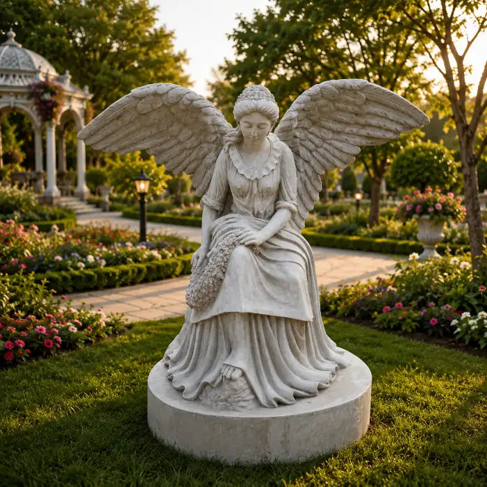 Seated angel statue with wreath in a garden