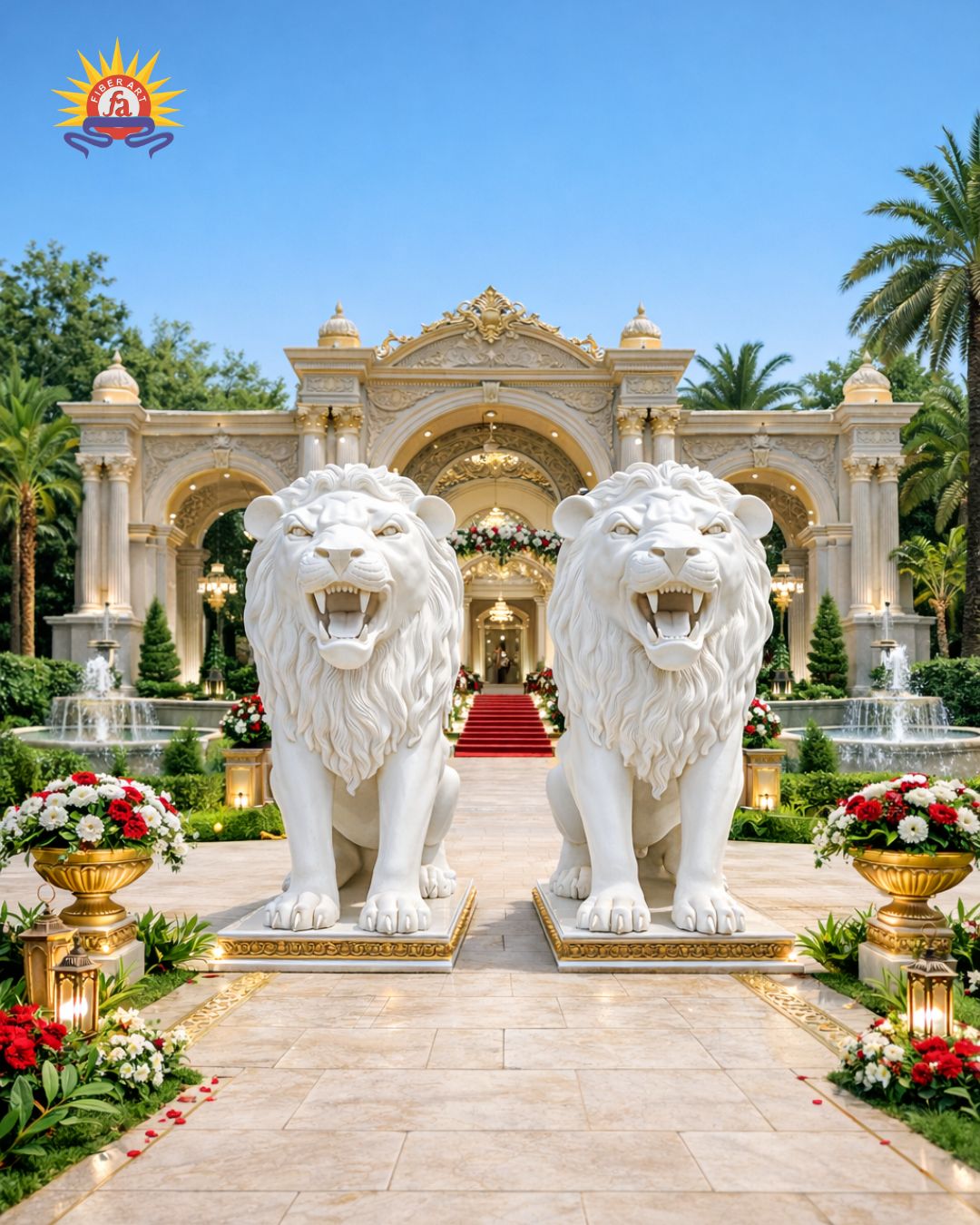 Pair of white lion statues at a palace entrance